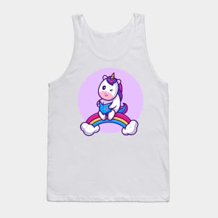 Cute Unicorn Reading Book On Rainbow Cartoon Tank Top